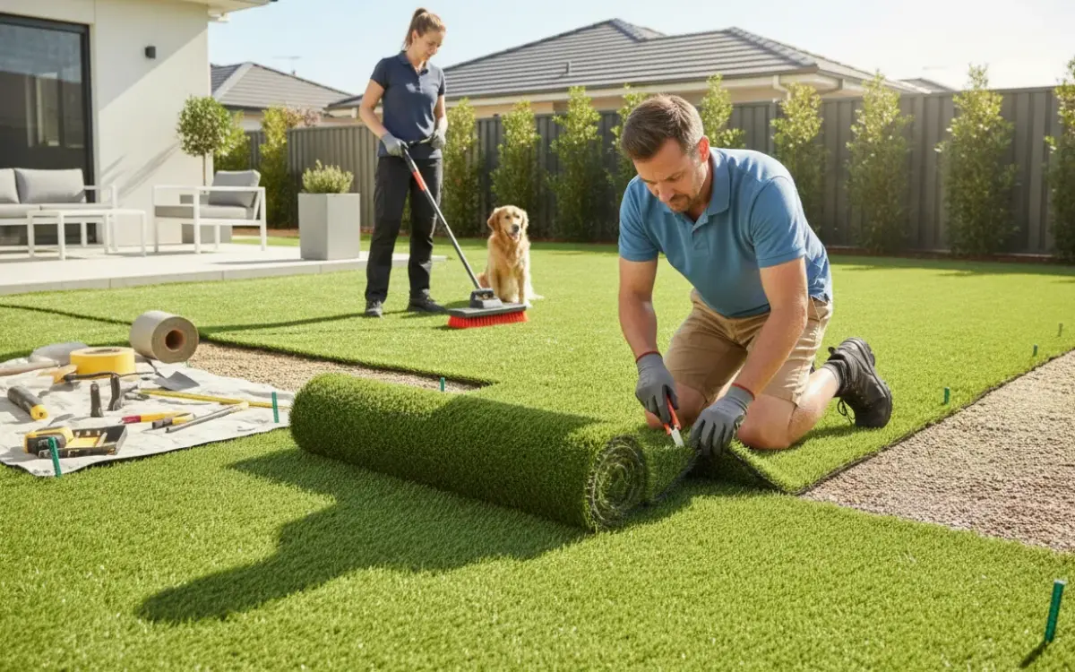 Artificial grass installation with a turf roll, tools, and workers in a backyard.