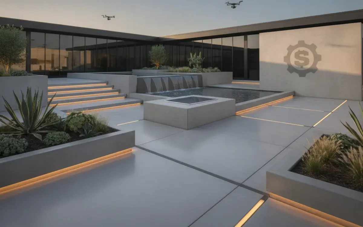 Modern commercial custom concrete landscaping with geometric planters, steps, lighting, and water features.