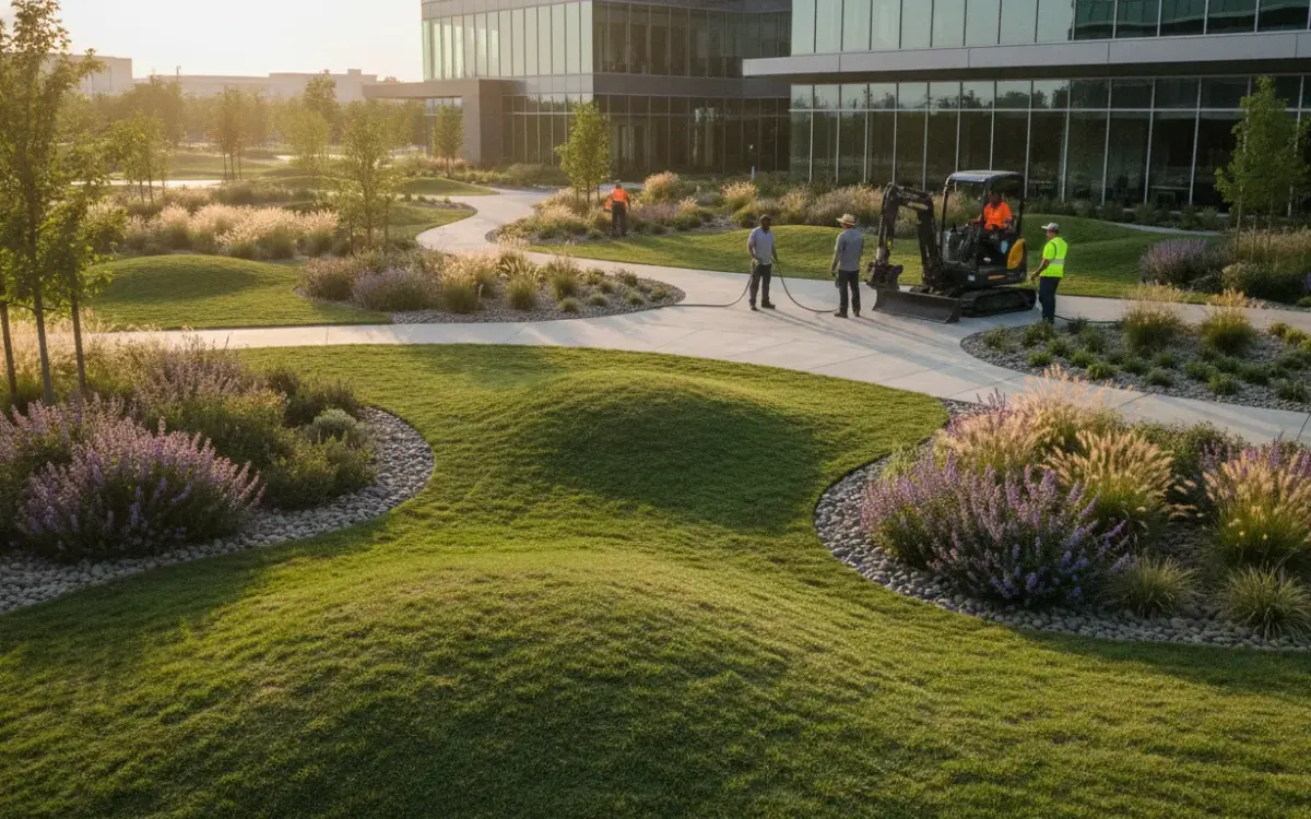 Commercial landscape installation with workers, equipment, plants, walkways, and a modern building.