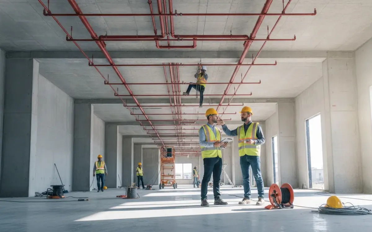 Commercial sprinkler system installation with workers and red pipes inside a large building.