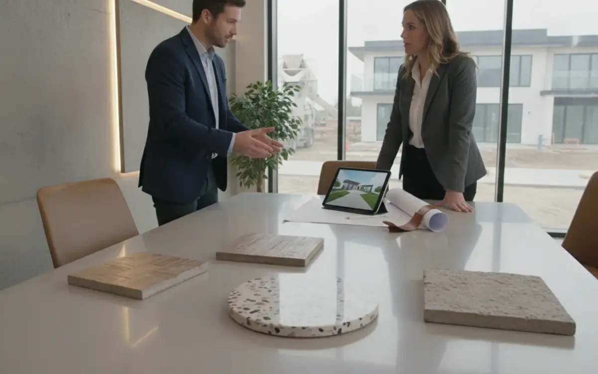 Two professionals review custom concrete work plans and material samples.