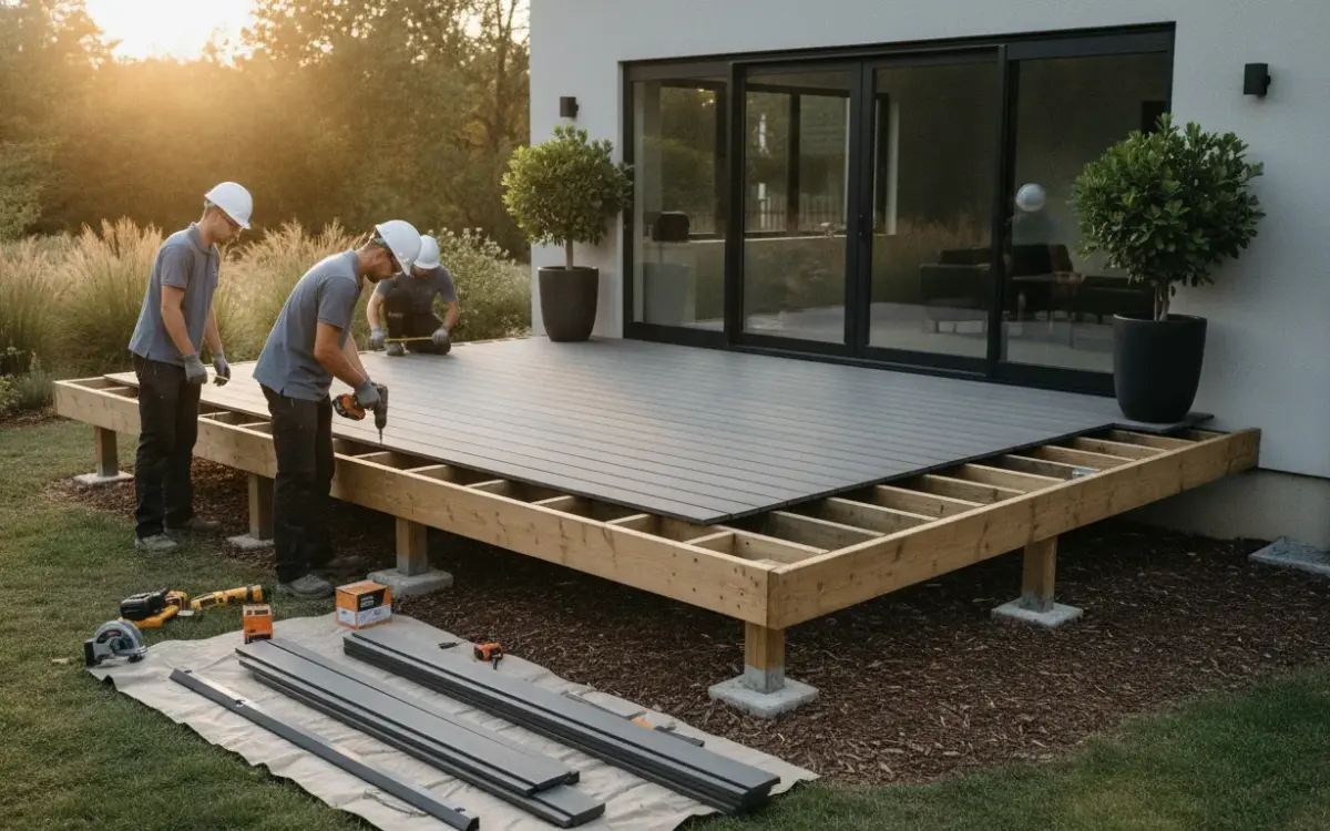 Workers install composite decking boards on a raised deck frame.