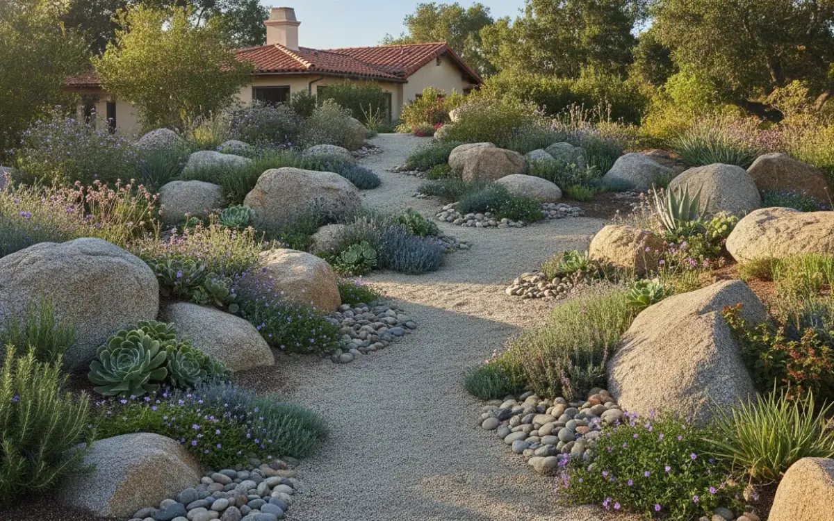 California rock garden with natural stones and low-growing plants