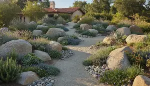 California rock garden with natural stones and low-growing plants