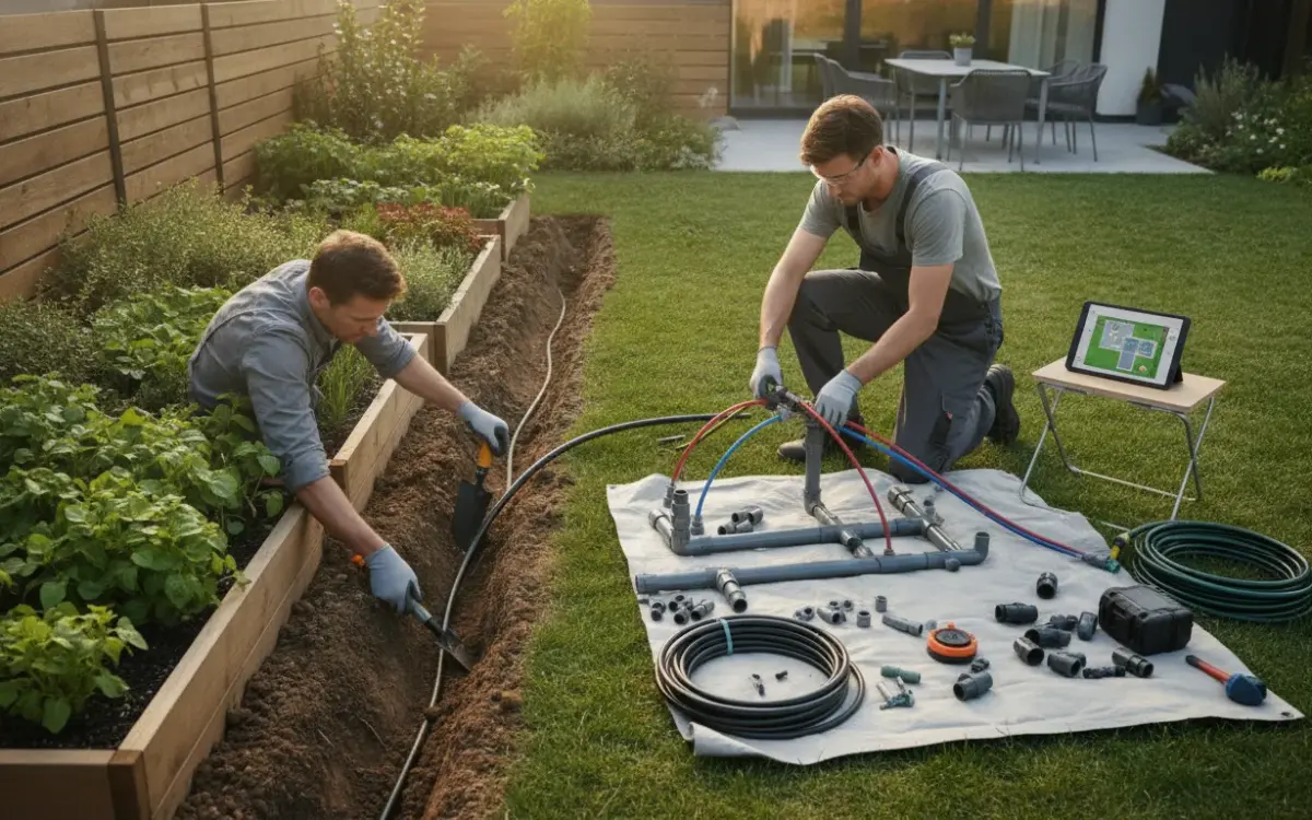 Two men installing a garden irrigation system beside raised garden beds.
