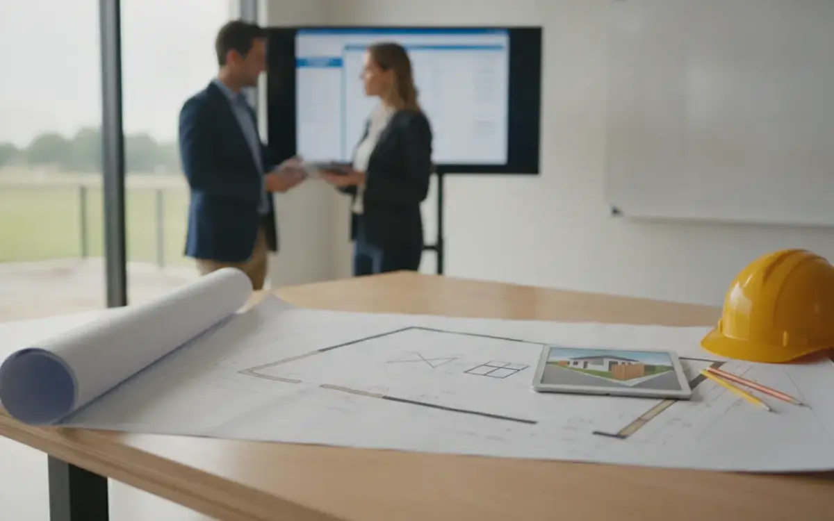 Two people reviewing fence installation plans with blueprints, a tablet, hard hat, and pencils.