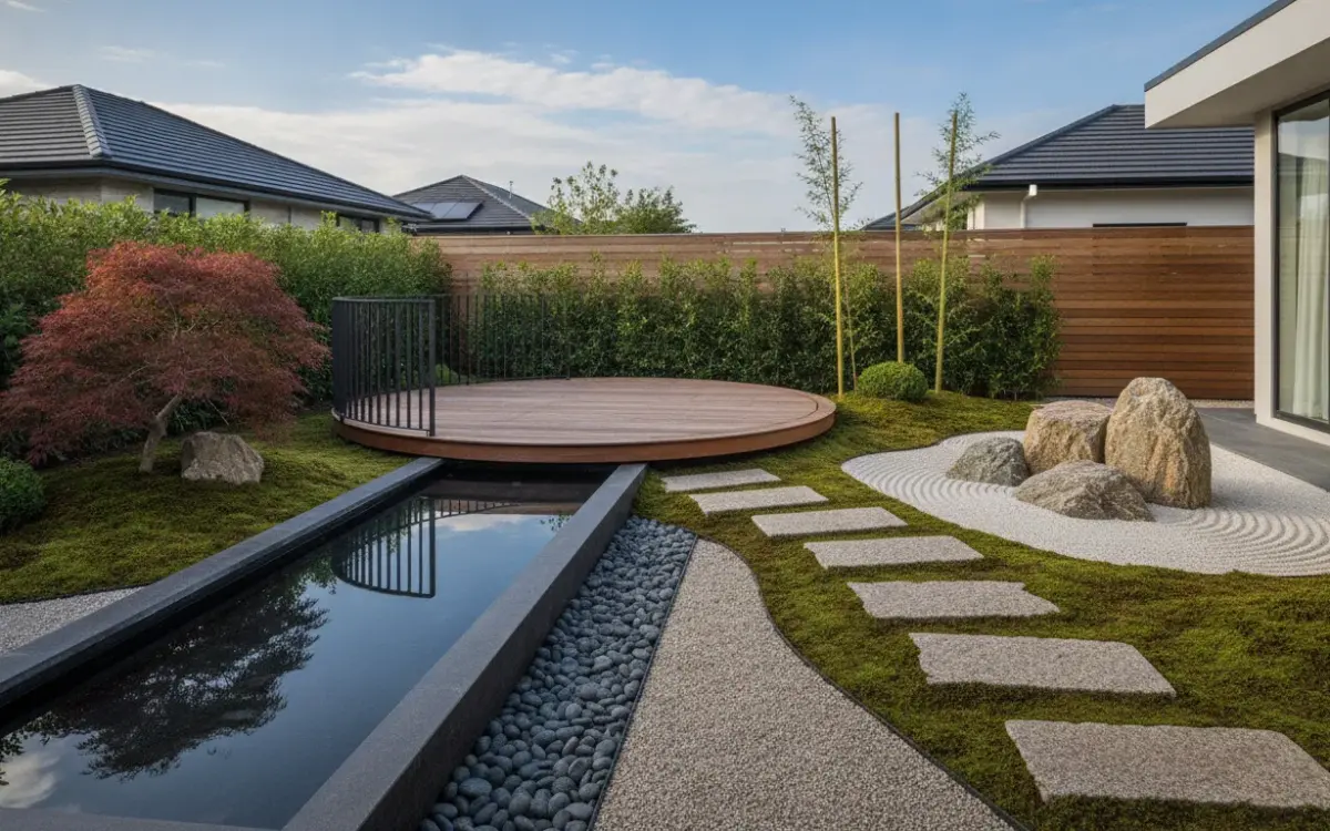 Japanese garden design with stepping stones, moss, rocks, bamboo, a pond, and raked gravel.