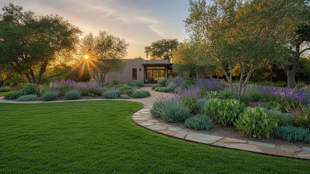 Curved landscape edging defining a lawn and planting bed in a California garden