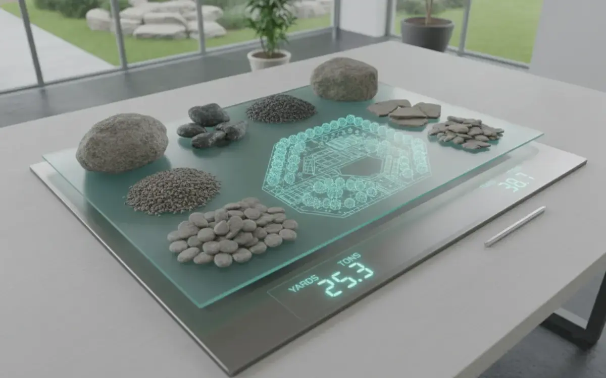 Landscape rock calculator displaying yard and ton estimates beside assorted rock types.