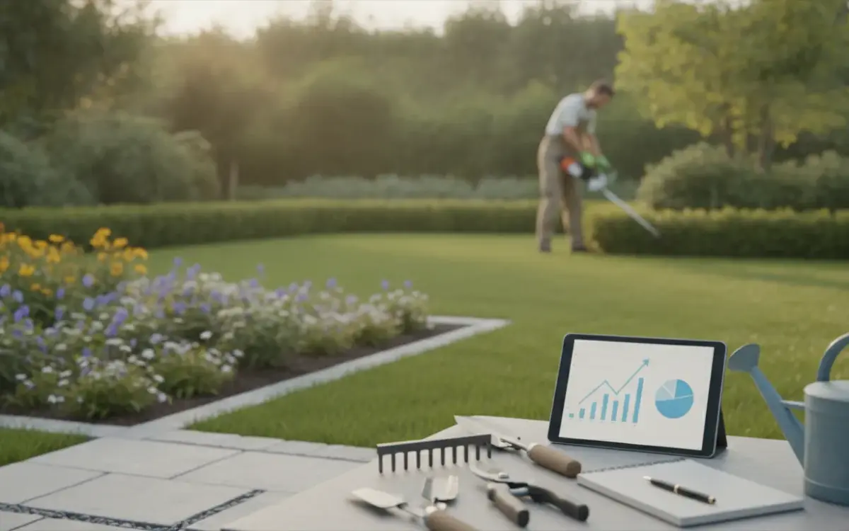 Gardener trimming hedges beside a tablet, watering can, and lawn and garden maintenance tools.