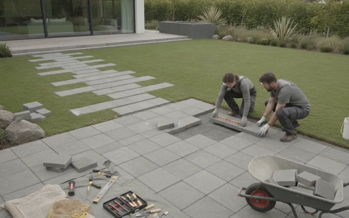 Two people installing pavers for a backyard walkway, with tools and materials nearby.