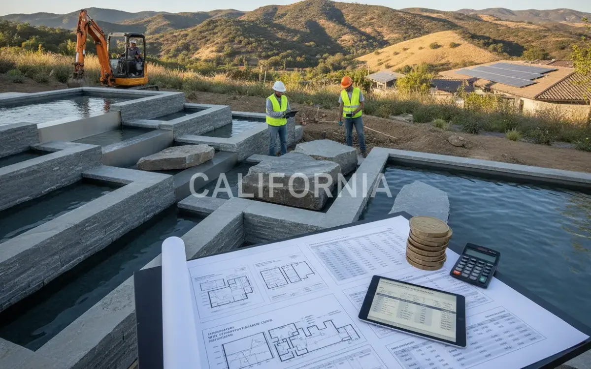 Water feature installation cost planning with contractors reviewing blueprints at a construction site.